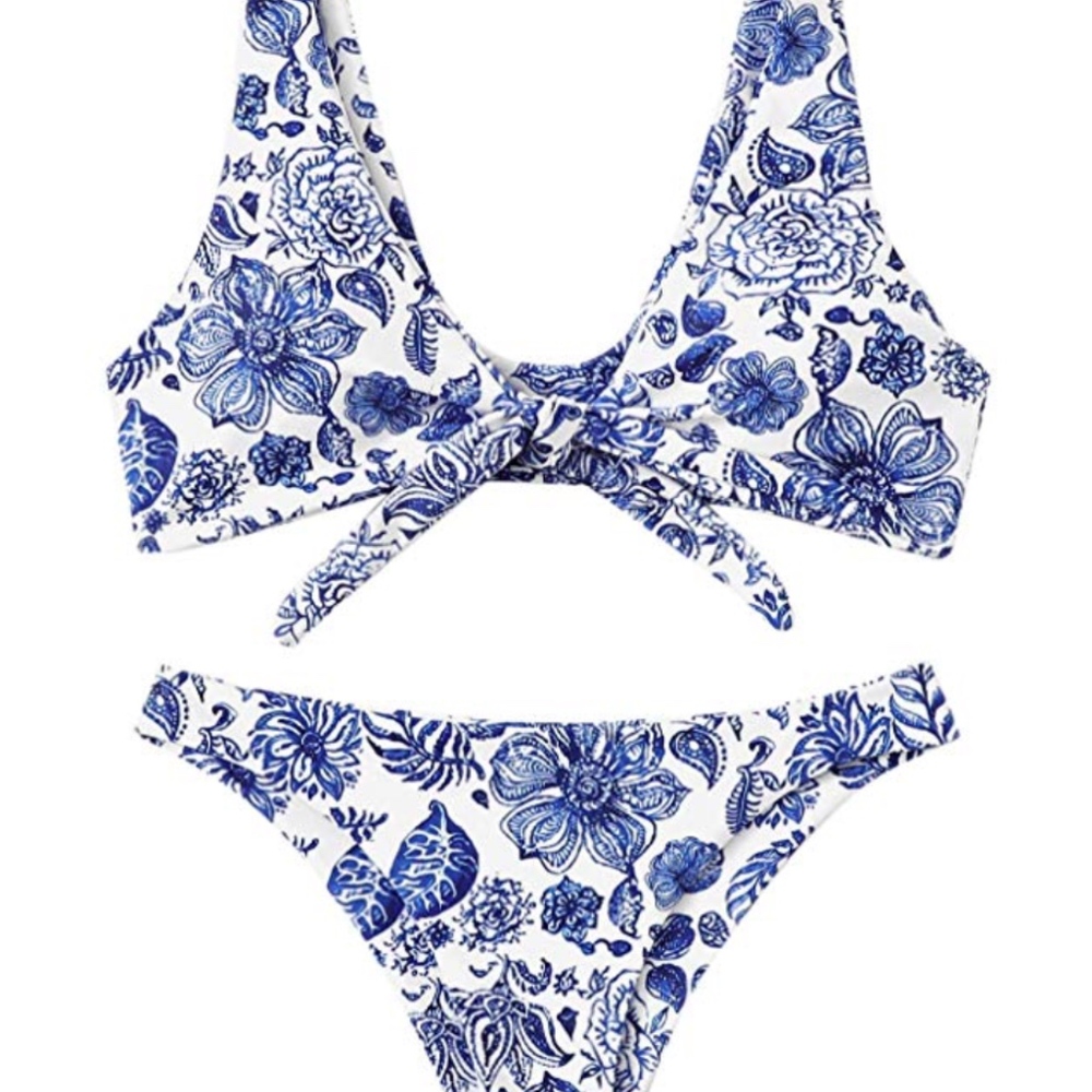 BLUE AND WHITE TIE FRONT BIKINI